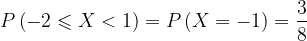 \dpi{120} P\left ( -2\leqslant X<1 \right )=P\left ( X=-1 \right )=\frac{3}{8}